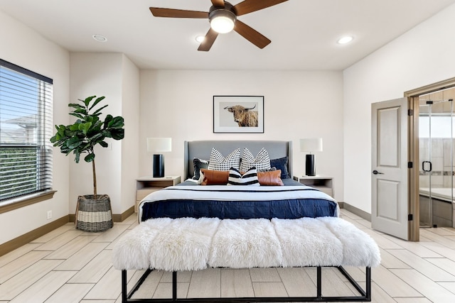 bedroom with ceiling fan, light hardwood / wood-style flooring, and ensuite bath