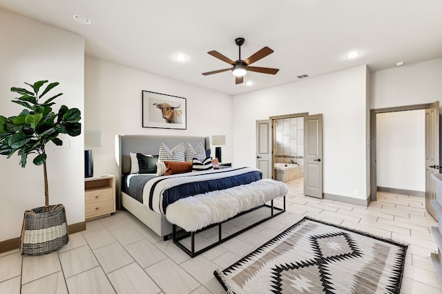 bedroom featuring connected bathroom and ceiling fan