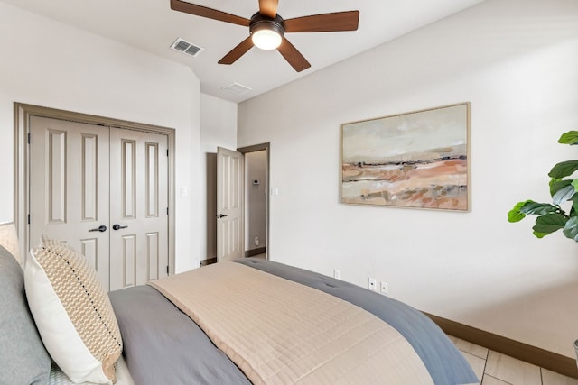 bedroom with ceiling fan and a closet