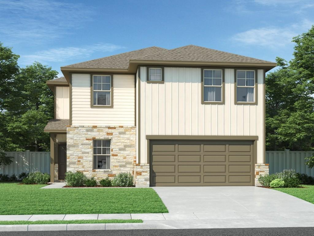 213 Little Green Trl, Jarrell, TX 76537 - view of front of house with stone siding, an attached garage, concrete driveway, a shingled roof, and board and batten siding