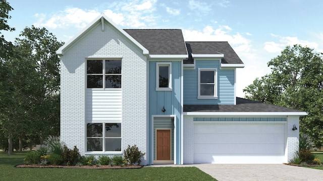 212 Heatherwood Ter, Marble Falls, TX 78654 - view of front of home featuring brick siding, concrete driveway, roof with shingles, and a front yard