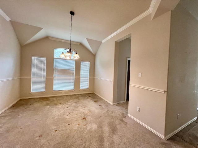 unfurnished dining area with ornamental molding, light colored carpet, an inviting chandelier, and lofted ceiling