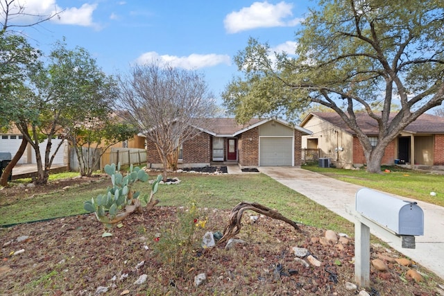 ranch-style house featuring cooling unit, a front yard, and a garage