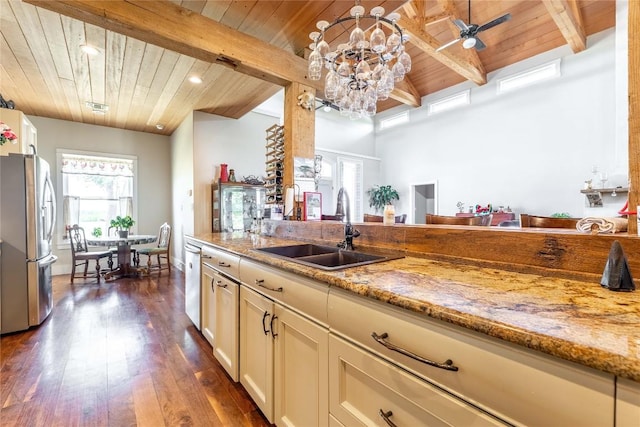 kitchen with light stone countertops, appliances with stainless steel finishes, sink, decorative light fixtures, and wooden ceiling