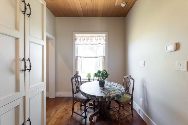 dining room featuring dark hardwood / wood-style floors and wood ceiling