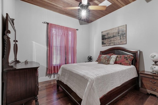 bedroom featuring dark hardwood / wood-style flooring, ceiling fan, and wood ceiling