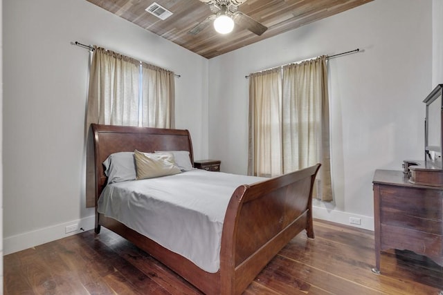 bedroom with dark wood-type flooring, ceiling fan, and wooden ceiling