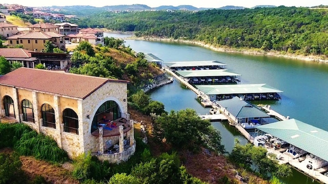 aerial view featuring a water view