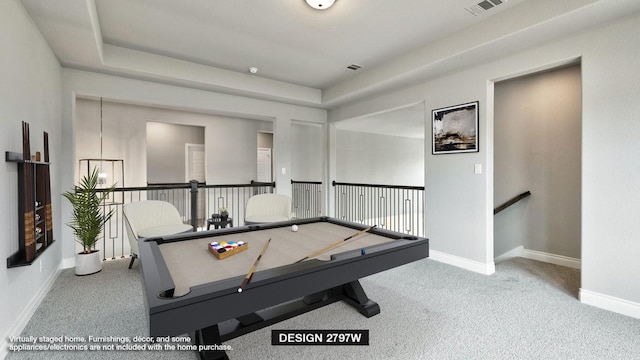 game room with carpet flooring, a tray ceiling, and pool table