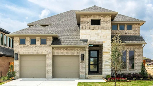 1024 Lariat Loop, Liberty Hill, TX 78642 - french provincial home featuring driveway, a shingled roof, and brick siding