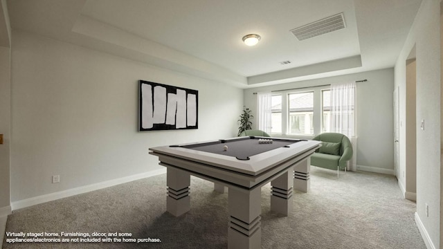 1024 Lariat Loop, Liberty Hill, TX 78642 - playroom featuring a raised ceiling, light colored carpet, billiards, and baseboards