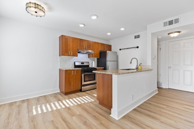 kitchen with sink, kitchen peninsula, light hardwood / wood-style floors, decorative backsplash, and appliances with stainless steel finishes