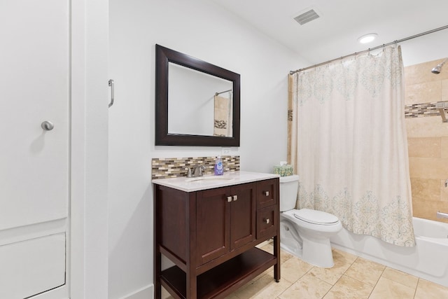 5820 Berkman Dr Unit 116, Austin, TX 78723 - full bathroom featuring vanity, decorative backsplash, shower / bath combo with shower curtain, and tile patterned floors