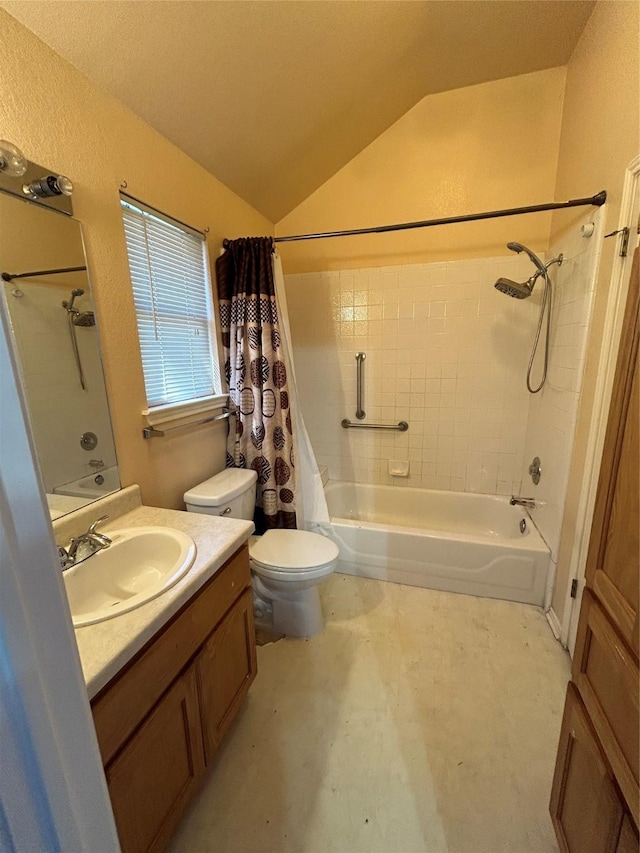 full bathroom featuring vanity, toilet, shower / bathtub combination with curtain, and vaulted ceiling