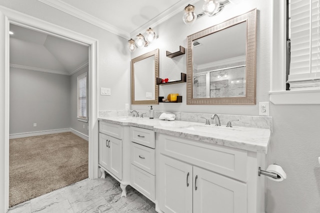 bathroom featuring vanity, an enclosed shower, lofted ceiling, and crown molding