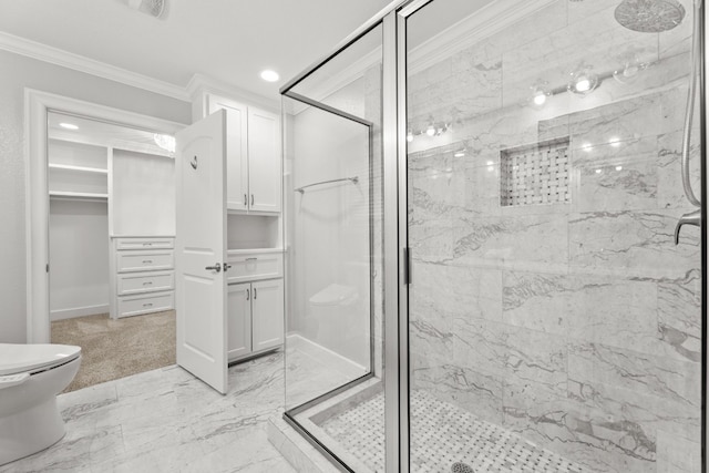 bathroom with toilet, a shower with door, and ornamental molding