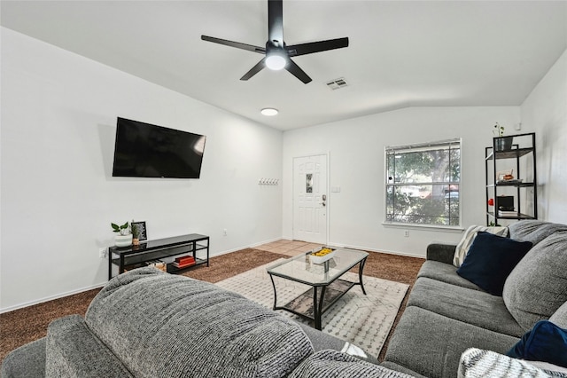 living room with light colored carpet, ceiling fan, and lofted ceiling