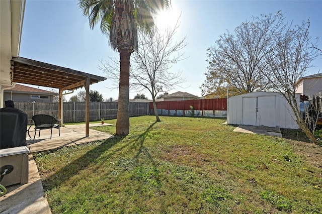 view of yard featuring a storage unit and a patio area