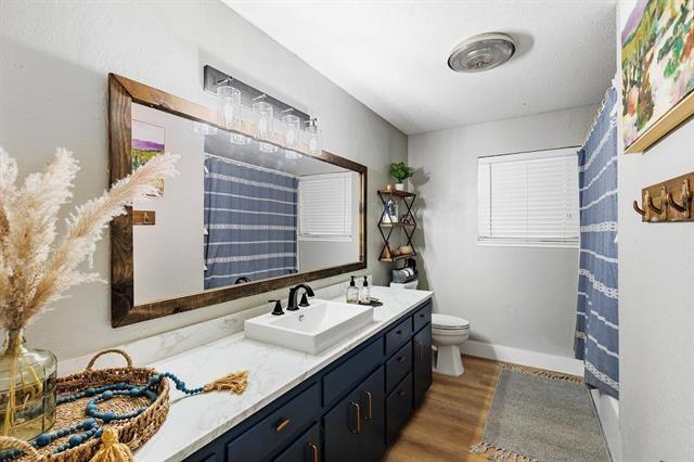 bathroom featuring vanity, wood-type flooring, and toilet