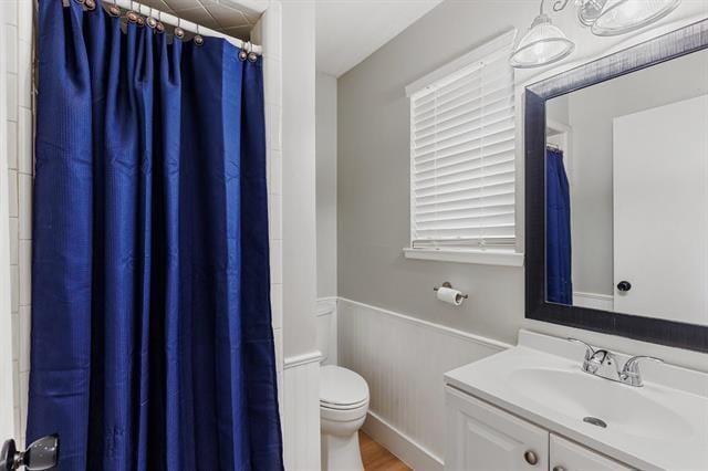 bathroom featuring vanity, wood-type flooring, and toilet