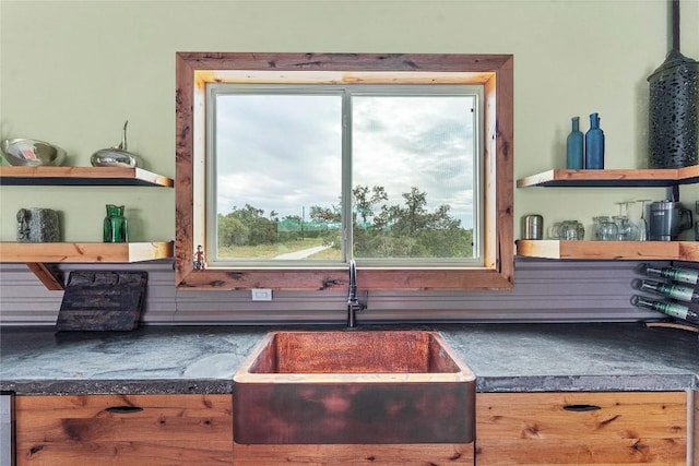 176 Elk Rdg, Canyon Lake, TX 78133 - details with a sink, open shelves, and dark countertops
