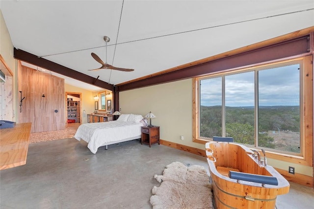 176 Elk Rdg, Canyon Lake, TX 78133 - bedroom featuring multiple windows, vaulted ceiling, and ceiling fan