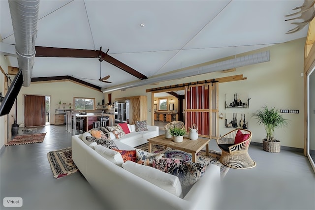 176 Elk Rdg, Canyon Lake, TX 78133 - living area featuring vaulted ceiling with beams, a barn door, baseboards, and ceiling fan