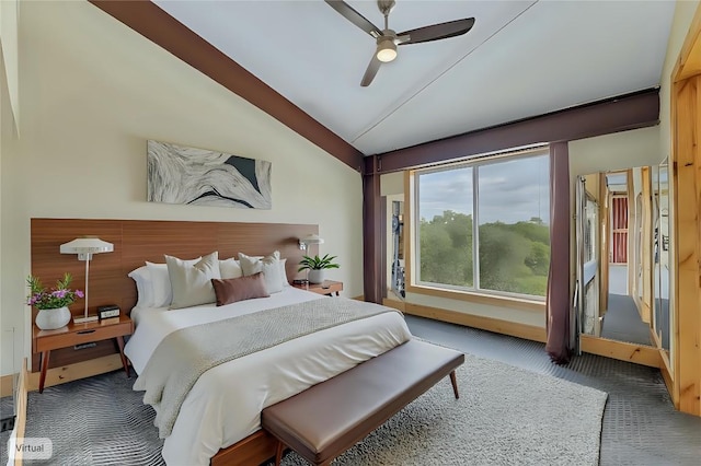 176 Elk Rdg, Canyon Lake, TX 78133 - bedroom featuring vaulted ceiling, carpet floors, and a ceiling fan