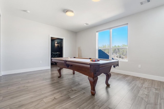playroom featuring pool table, visible vents, baseboards, and light wood-style floors