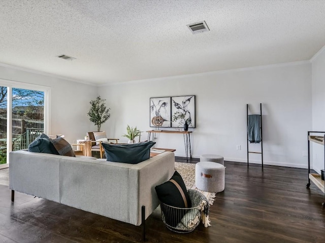 living room with crown molding, dark hardwood / wood-style floors, and a textured ceiling