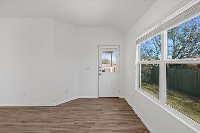 empty room featuring lofted ceiling and dark wood-type flooring