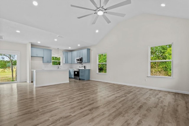 unfurnished living room featuring light wood-type flooring, high vaulted ceiling, and ceiling fan