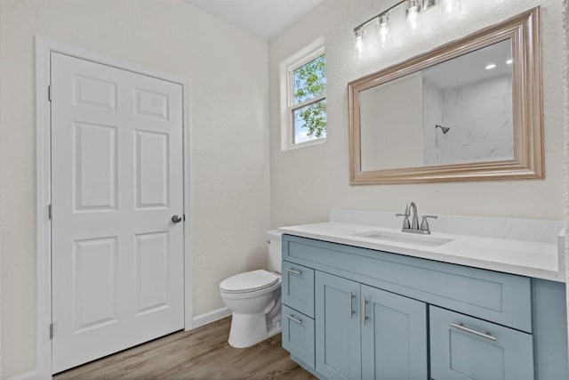 bathroom with vanity, toilet, and wood-type flooring