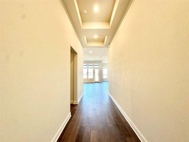 hallway with a raised ceiling, french doors, and dark hardwood / wood-style flooring