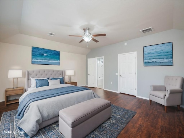 bedroom with ceiling fan, dark hardwood / wood-style flooring, and vaulted ceiling