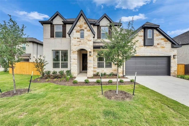 2204 Bayridge Rd, Georgetown, TX 78628 - french country home featuring stone siding, concrete driveway, a garage, and a standing seam roof