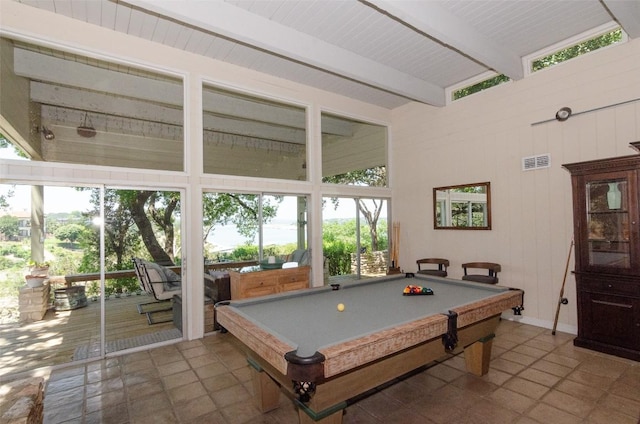 rec room featuring beam ceiling, wood walls, tile patterned flooring, and pool table