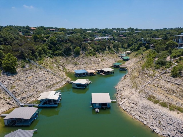 bird's eye view with a water view