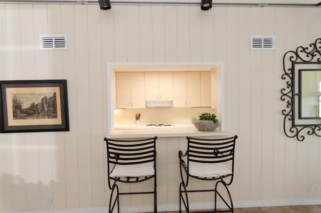 kitchen featuring wood walls and white cabinets