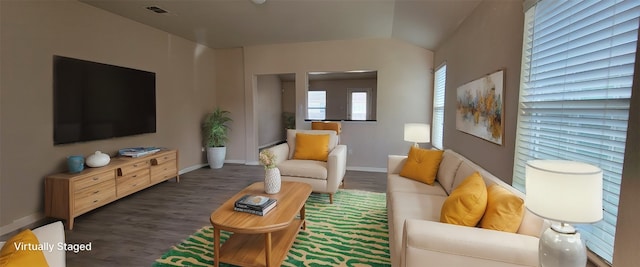 living room featuring dark wood-type flooring