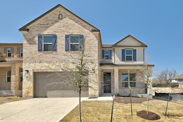 view of front of home with stone siding, a garage, brick siding, and driveway