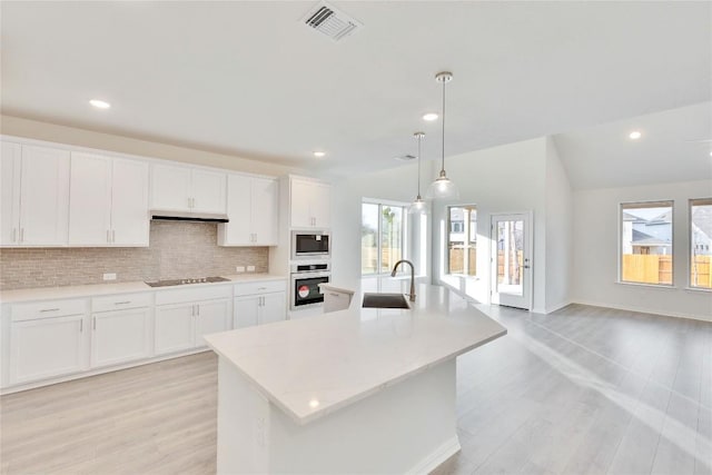 kitchen with under cabinet range hood, a sink, visible vents, stainless steel oven, and built in microwave