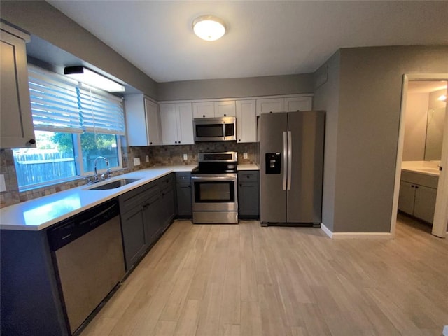 kitchen featuring light hardwood / wood-style floors, backsplash, white cabinetry, appliances with stainless steel finishes, and sink