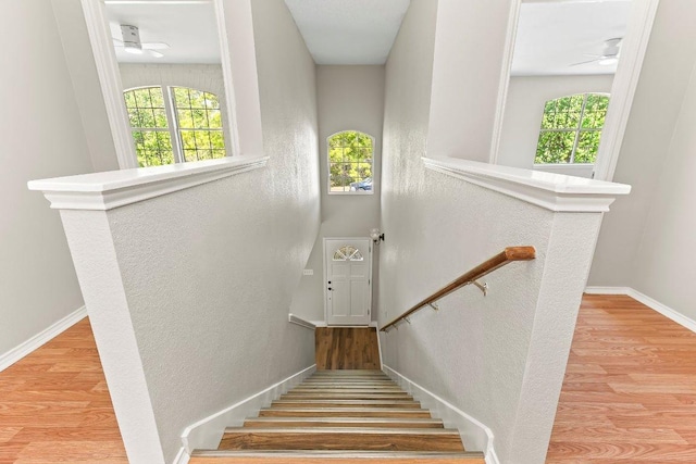 1807 Iris Ln, Cedar Park, TX 78613 - stairway with wood finished floors, plenty of natural light, a textured wall, and ceiling fan