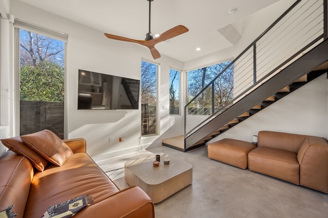 409 W Odell St Unit 2, Austin, TX 78752 - living area featuring concrete floors, recessed lighting, stairs, and ceiling fan