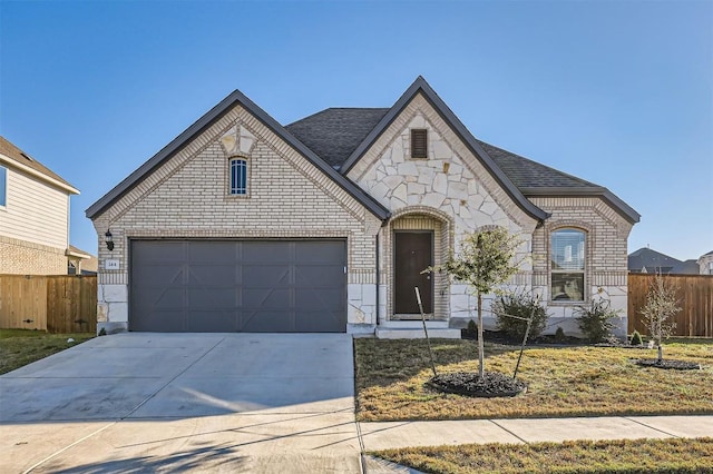 french country home with driveway, a garage, fence, and brick siding