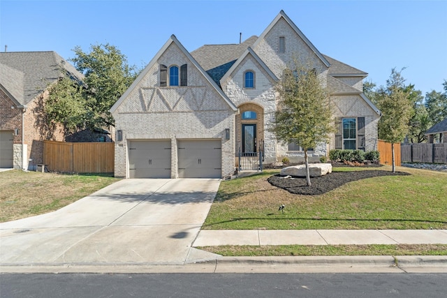 view of front of property with a garage and a front lawn