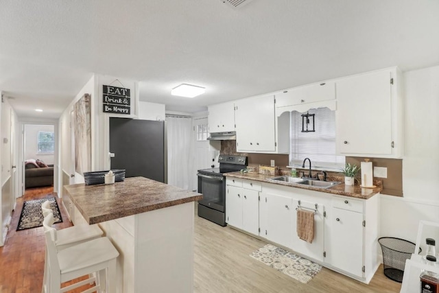 kitchen featuring white cabinetry, black range with electric stovetop, under cabinet range hood, and a sink