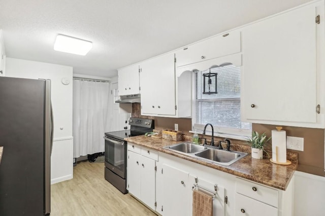 kitchen featuring under cabinet range hood, white cabinetry, stainless steel appliances, and a sink