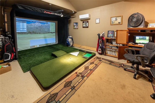 rec room with baseboards, lofted ceiling, golf simulator, and an AC wall unit